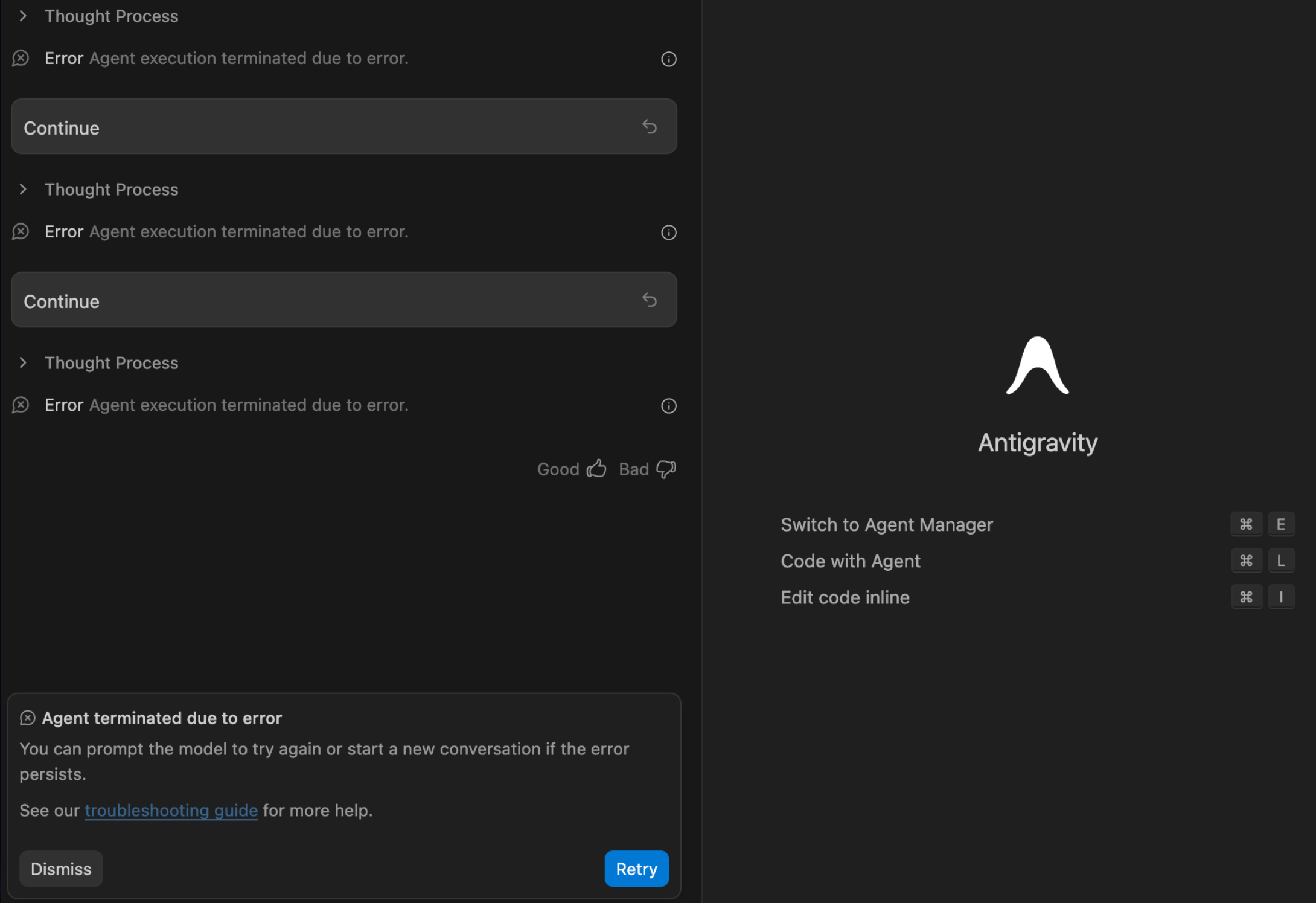 Antigravity Agent terminated due to error 报错截图