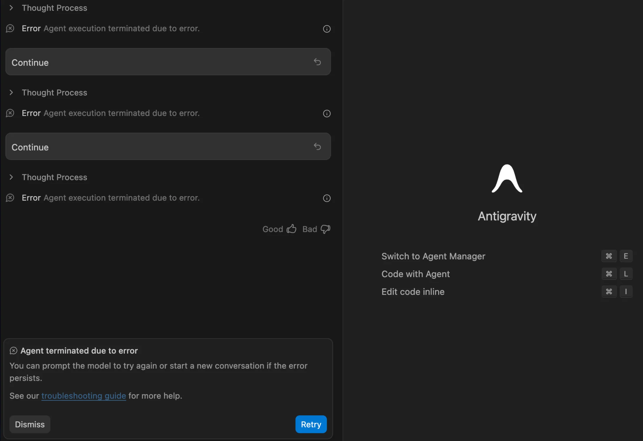 Antigravity Agent terminated due to error 报错截图